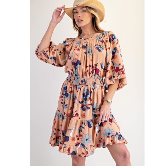 "The Roxy" Latte Floral Smocked Waist Dress - Picture 3 of 6